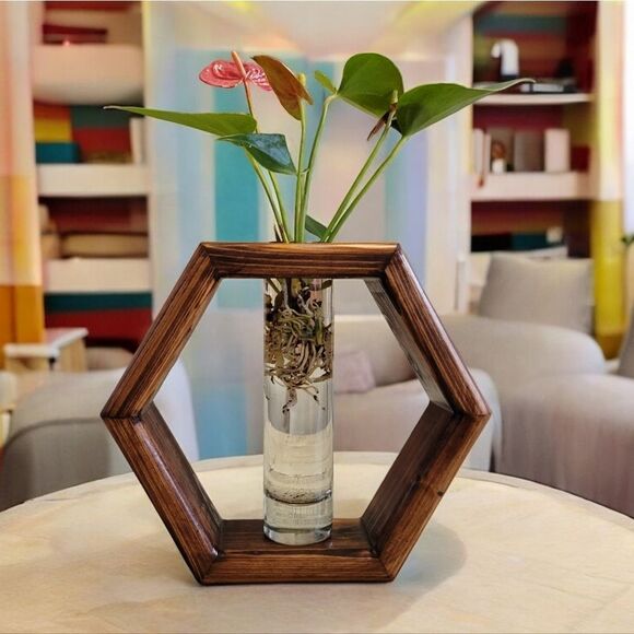 Wooden Hexagon Propagation Floral Vase Handmade Gift Stain in Red Oak - Picture 1 of 9